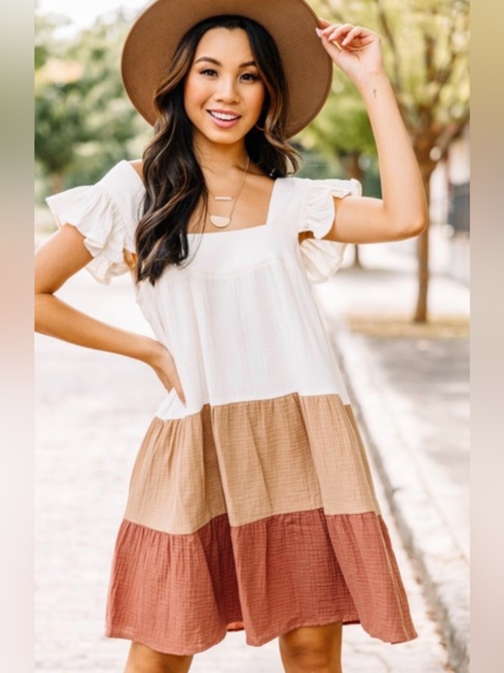 Entro Women’s Square-Neck Flutter Sleeves Cotton Colorblock Summer Dress. Small